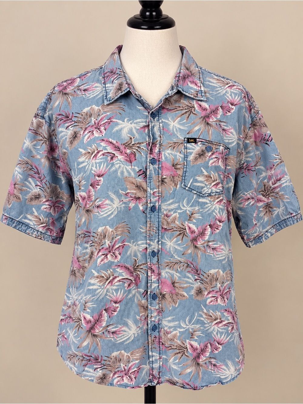 Men’s Hawaiian Floral Button Down Shirt Blue Pink Lee XL Tropical